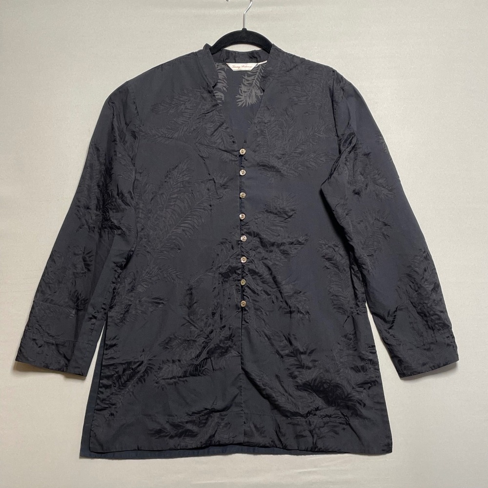 Tommy Bahama‎ Womens Black Textured Leaf Sheer Mandarin Collar Button Up Shirt M